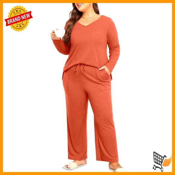 Plus Size Knit Lounge Set Long Sleeve V Neck Top Wide Leg Pants with Pockets
